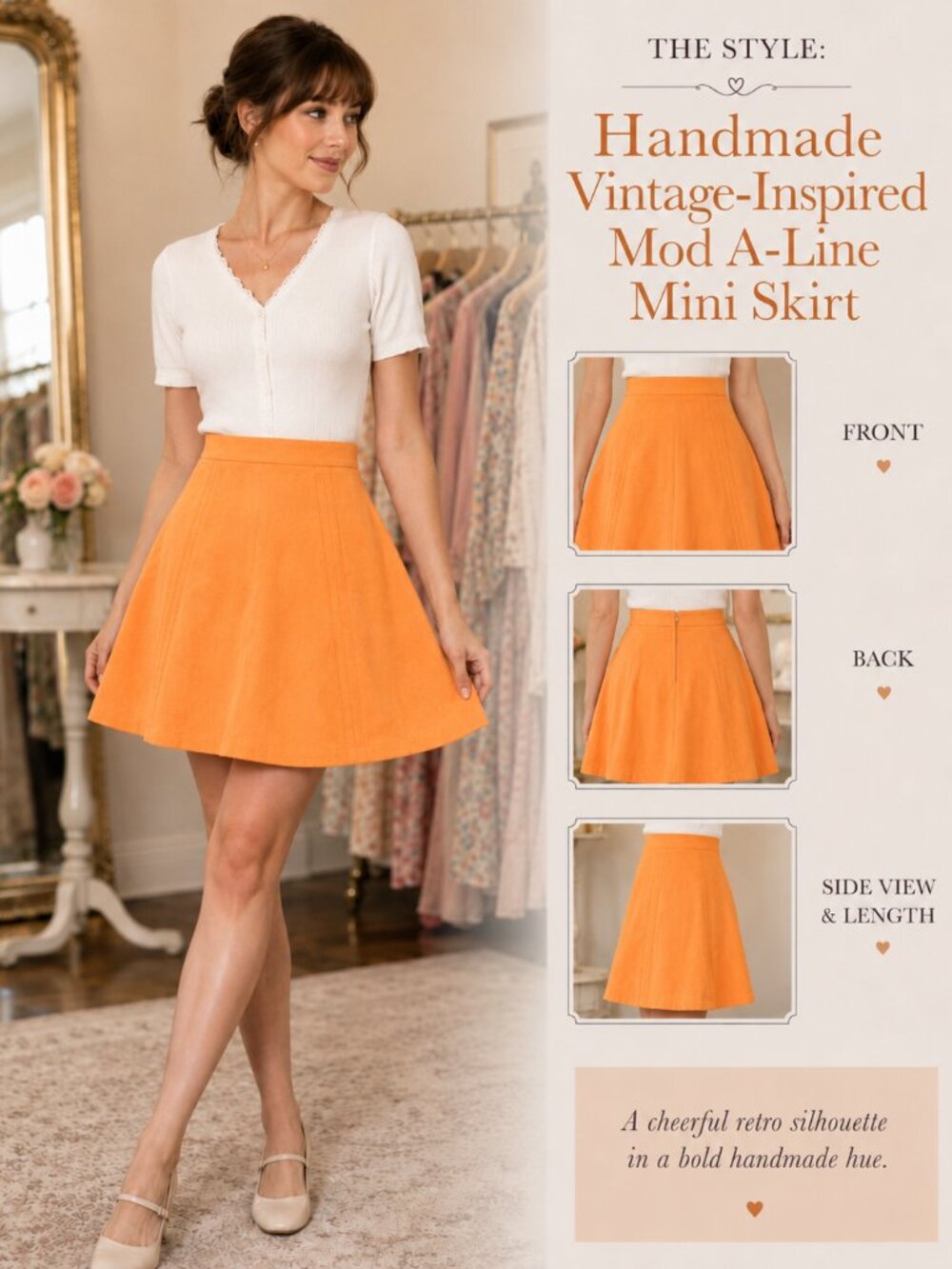 Vintage Glenbrook Women's Orange A-Line Skirt Back Button Zip